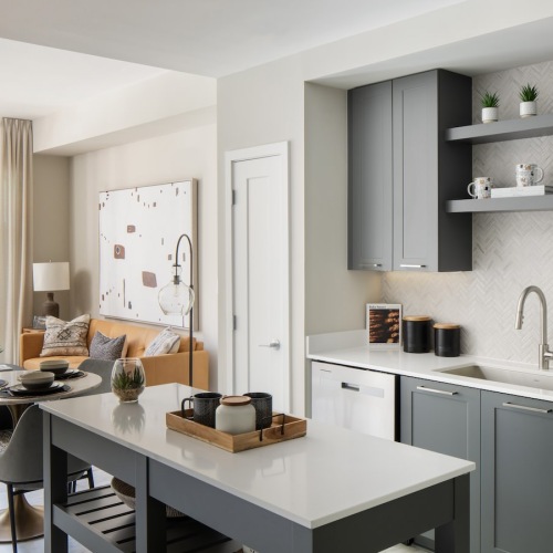 Modern grey cabinetry in apartment homes at Aventon Huntington Station Modern grey cabinetry in apartment homes at Aventon Huntington Station